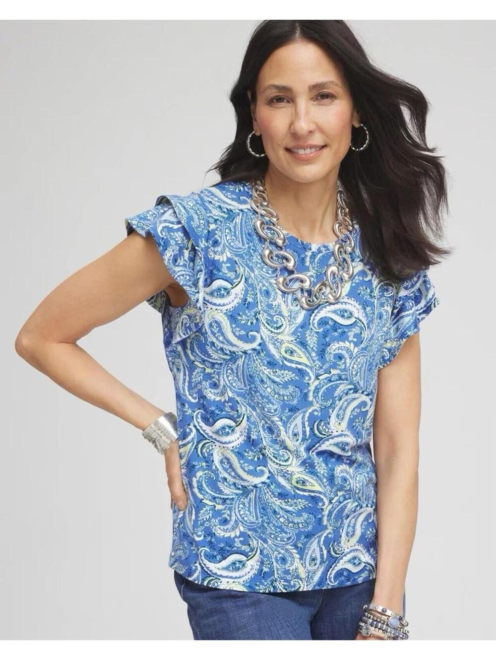 CHICO’S NWOT Touch of Cool™ Paisley Tiered Flutter Sleeved Tee in Blue-Medium